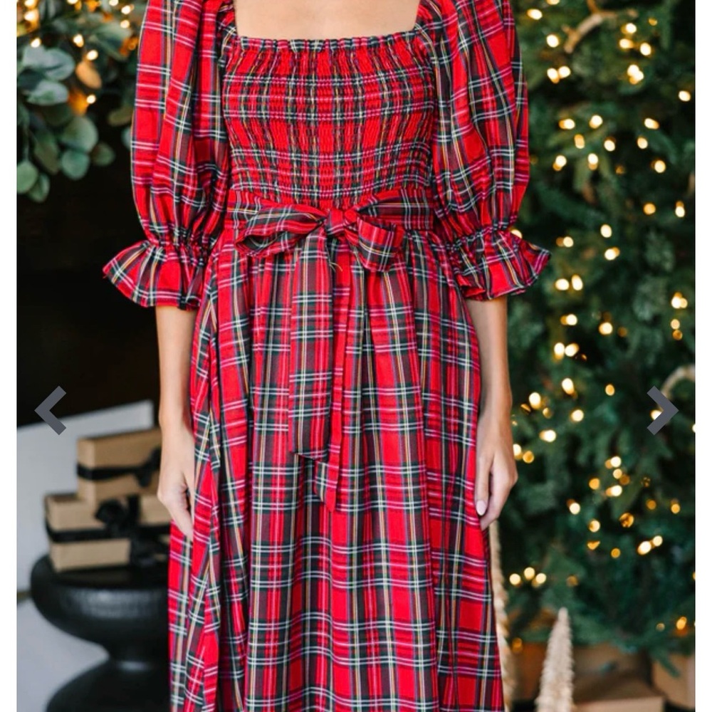 Red Plaid Smocked Midi Dress with Puff Sleeves